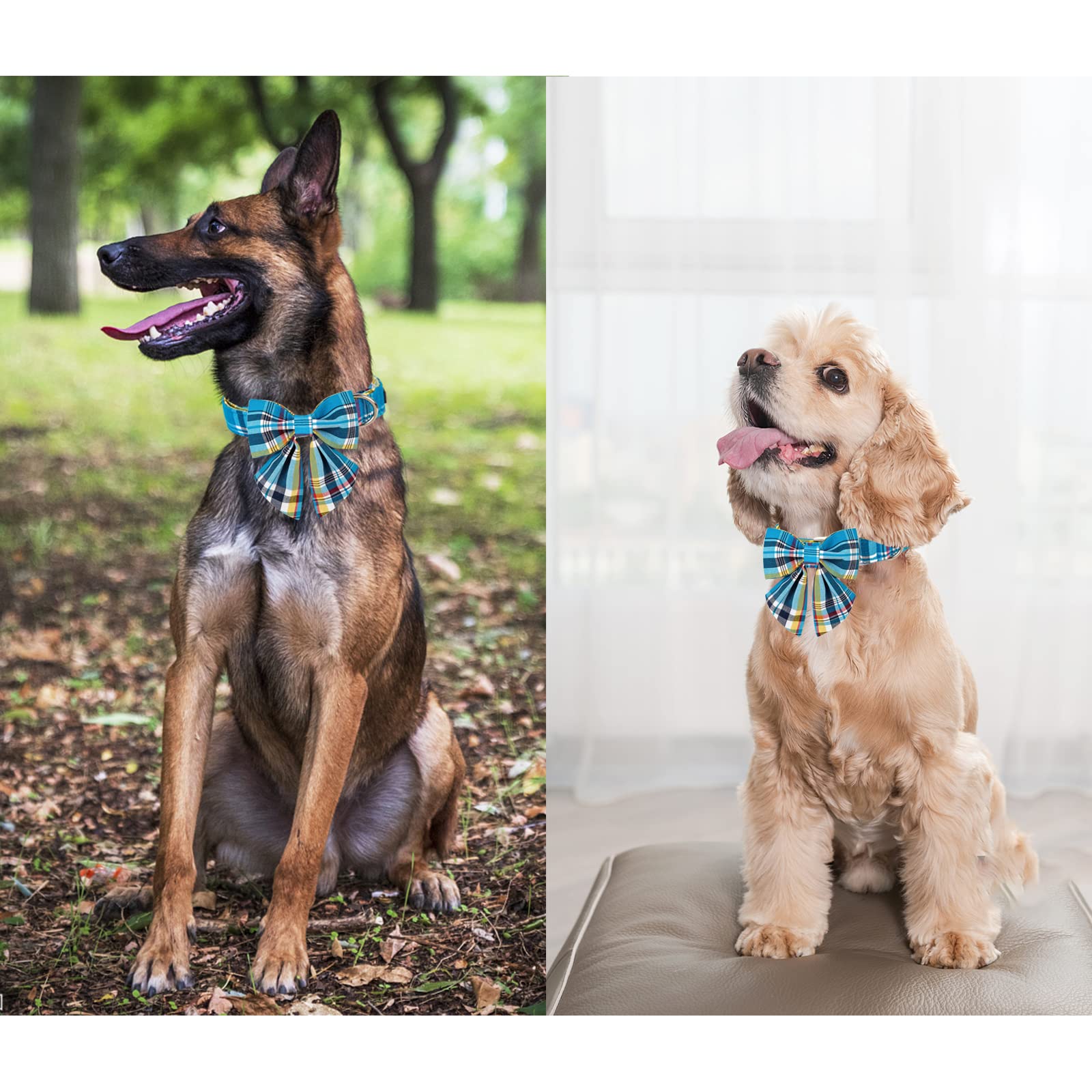 Unique Style Paws Blue Plaid Dog Collar With Bow Cute Puppy Collar For Small Medium Large Dogs As Autumn Winter Pet Gifts-L